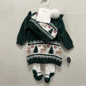 Nicole Miller Baby Girl Knit Christmas Dress set with Tights and Hat NWT 3-6M